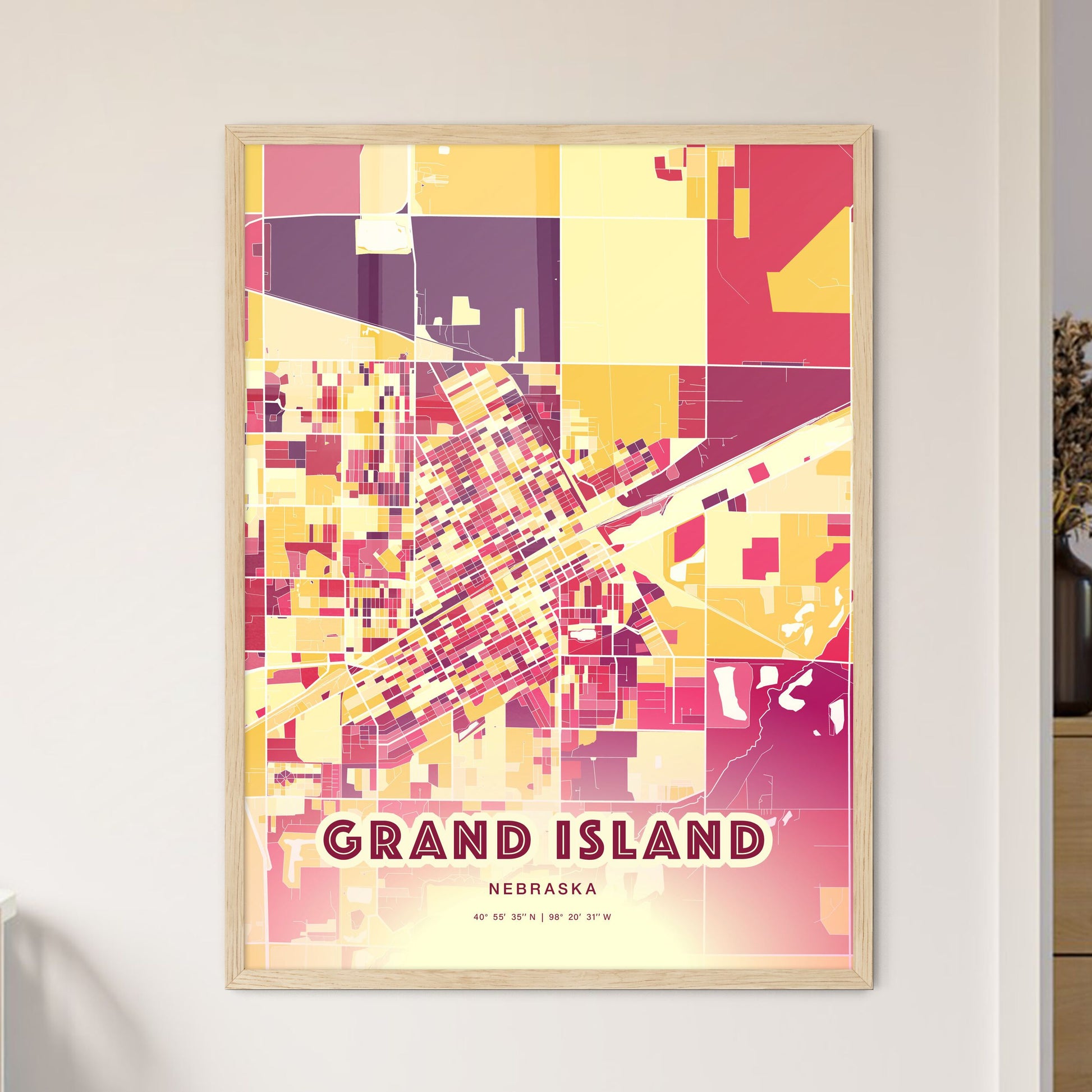 Colorful GRAND ISLAND NEBRASKA Fine Art Map Hot Red