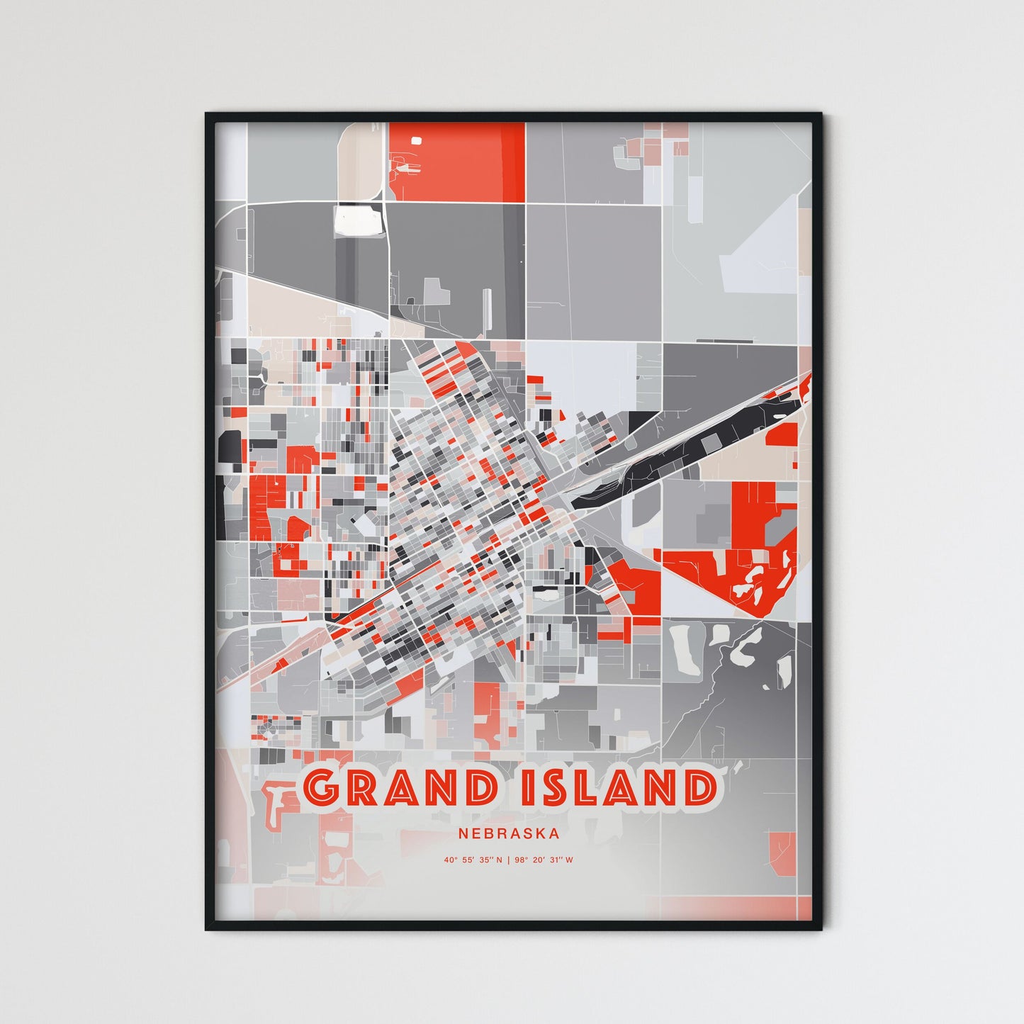 Colorful GRAND ISLAND NEBRASKA Fine Art Map Modern