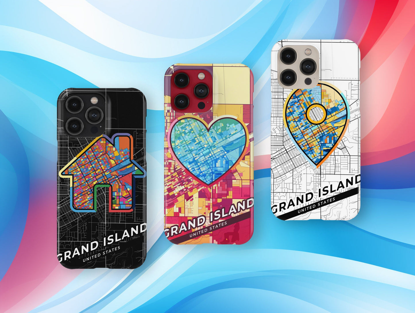 Grand Island Nebraska slim phone case with colorful icon. Birthday, wedding or housewarming gift. Couple match cases.