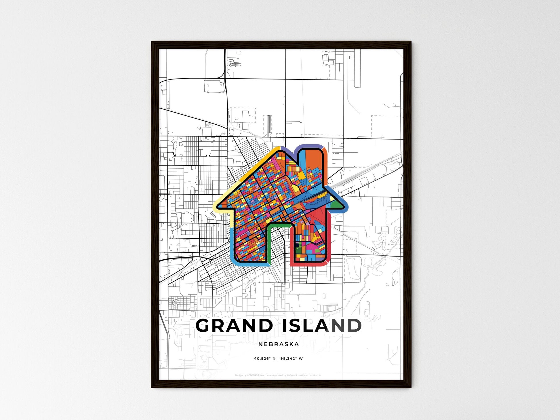 GRAND ISLAND NEBRASKA minimal art map with a colorful icon. Where it all began, Couple map gift. Style 3