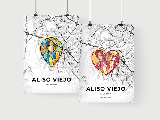 ALISO VIEJO CALIFORNIA minimal art map with a colorful icon. Where it all began, Couple map gift.