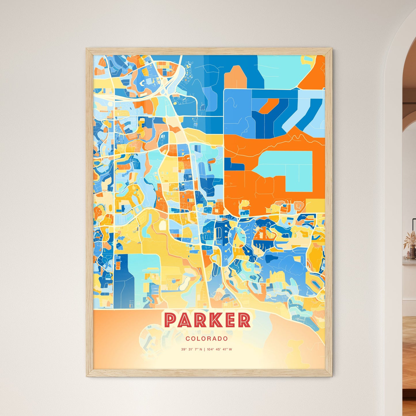 Colorful PARKER COLORADO Fine Art Map Blue Orange