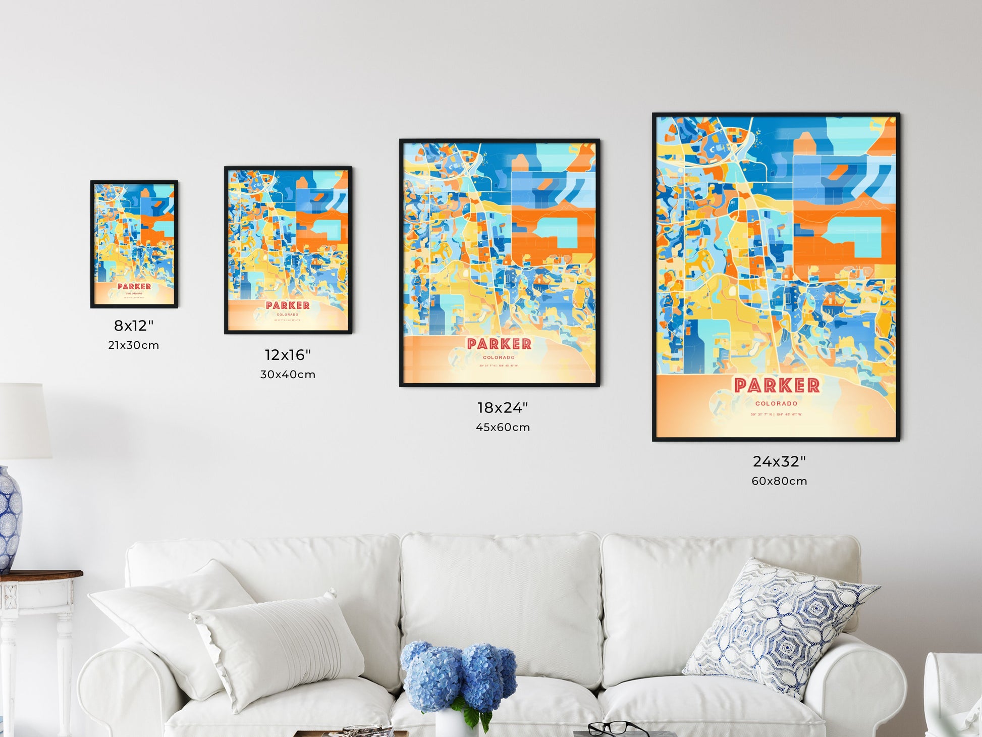 Colorful PARKER COLORADO Fine Art Map Blue Orange