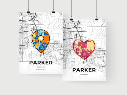 PARKER COLORADO minimal art map with a colorful icon.