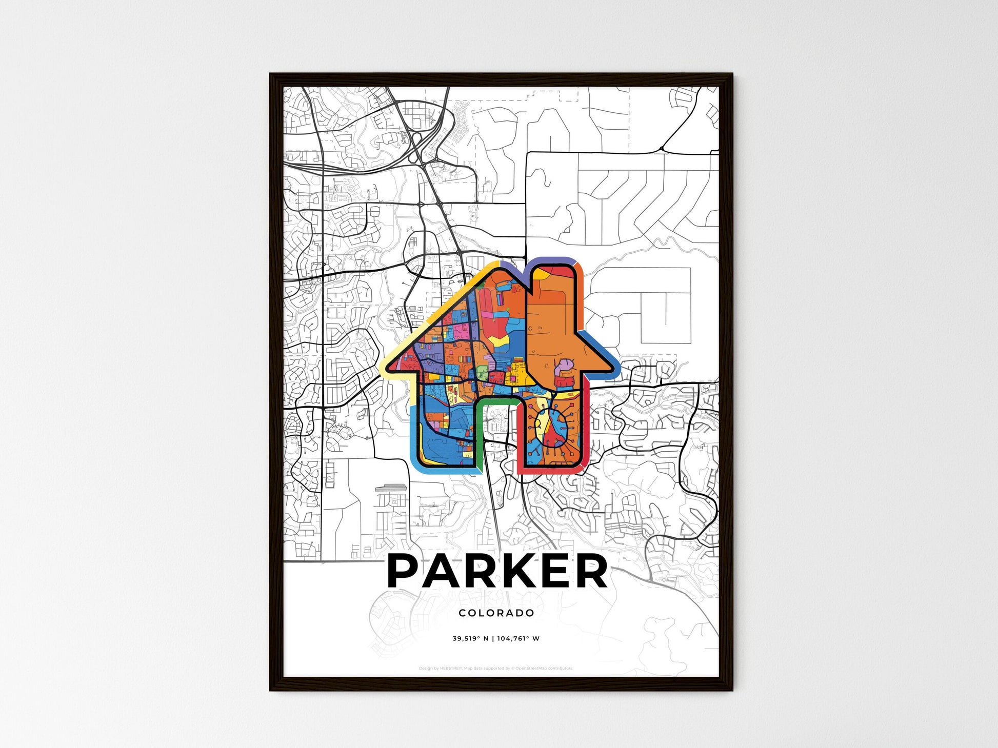 PARKER COLORADO minimal art map with a colorful icon. Style 3