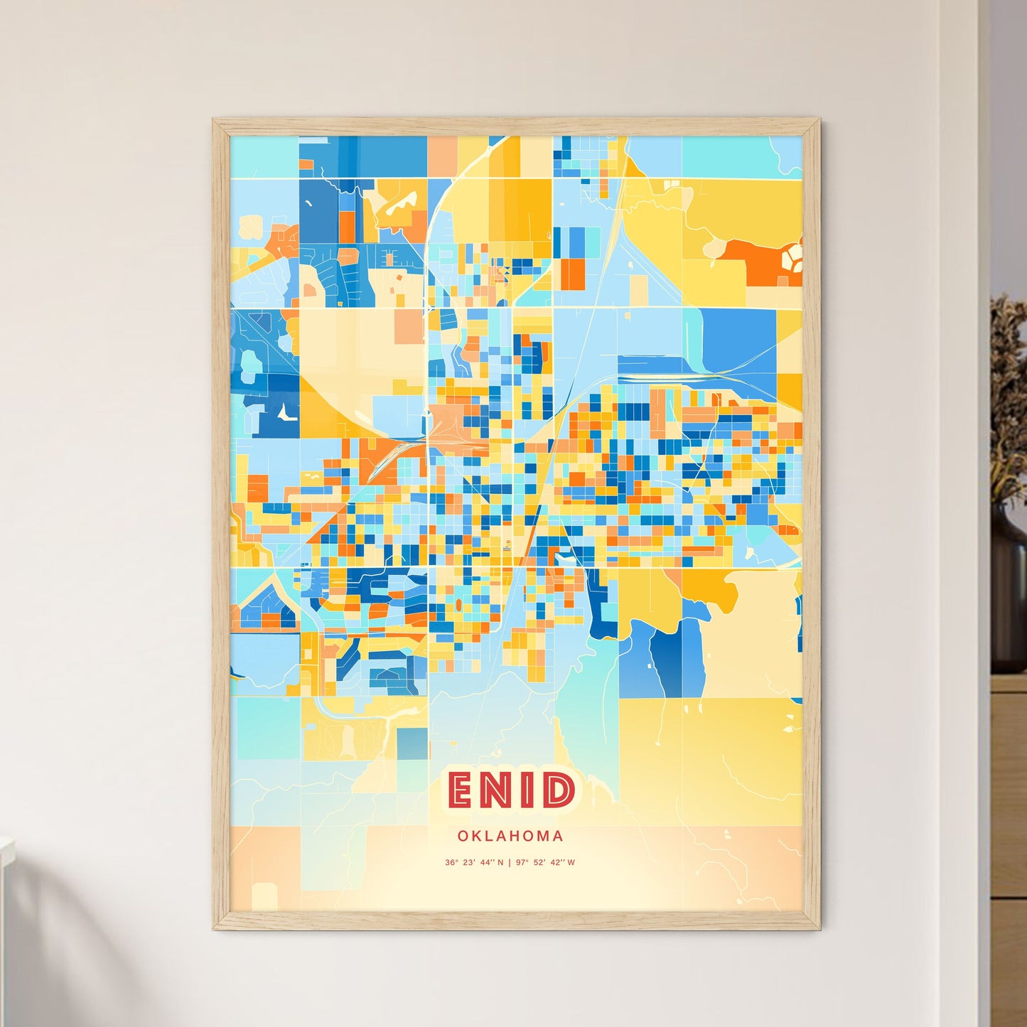 Colorful ENID OKLAHOMA Fine Art Map Blue Orange