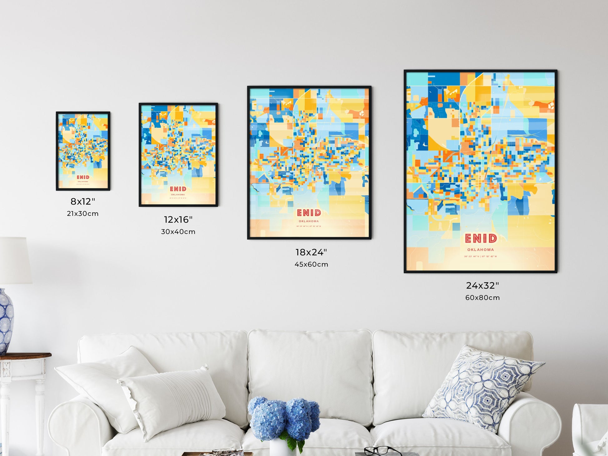 Colorful ENID OKLAHOMA Fine Art Map Blue Orange