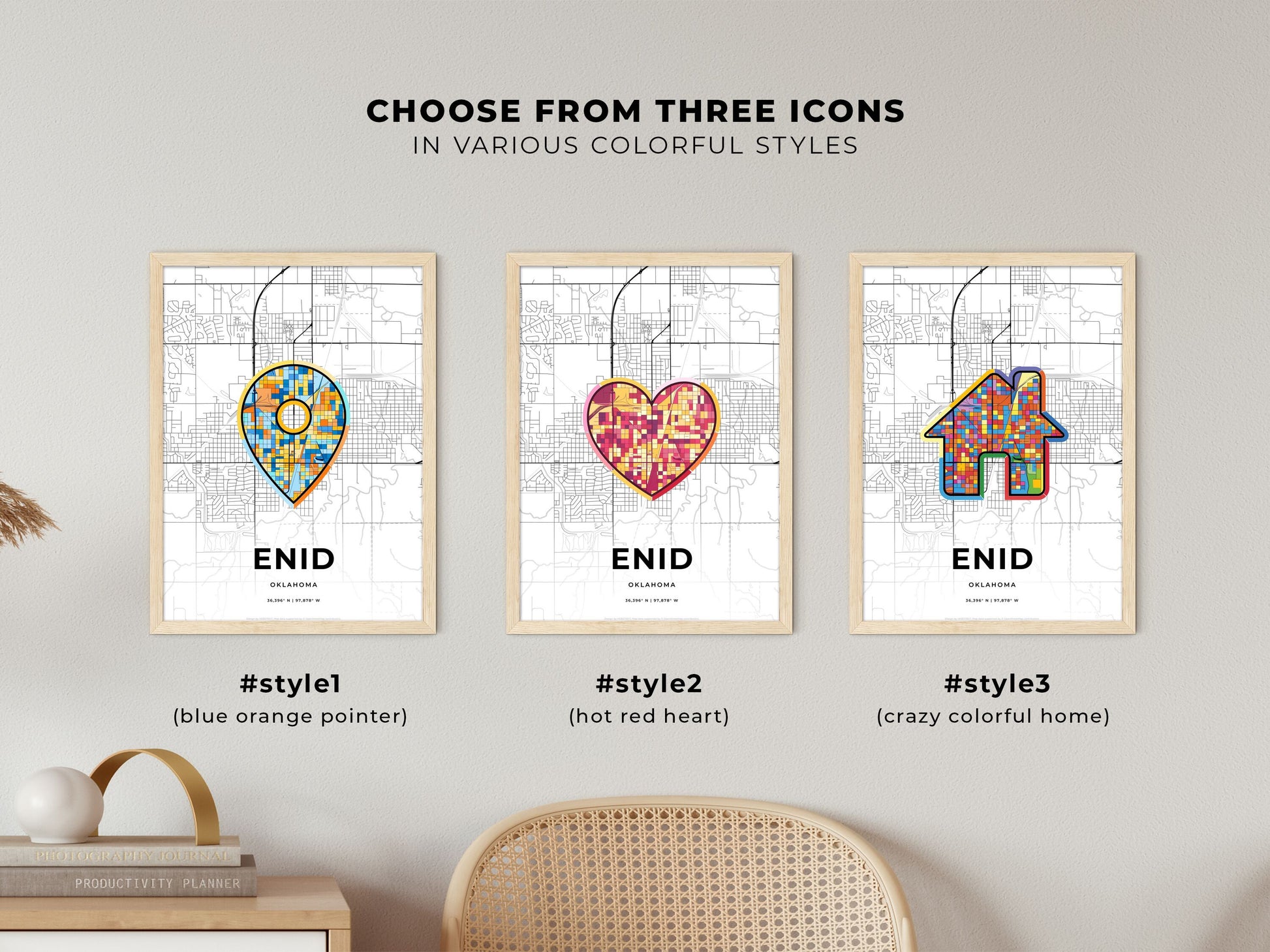 ENID OKLAHOMA minimal art map with a colorful icon. Where it all began, Couple map gift.