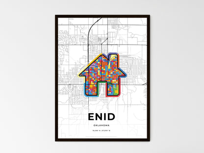 ENID OKLAHOMA minimal art map with a colorful icon. Where it all began, Couple map gift. Style 3