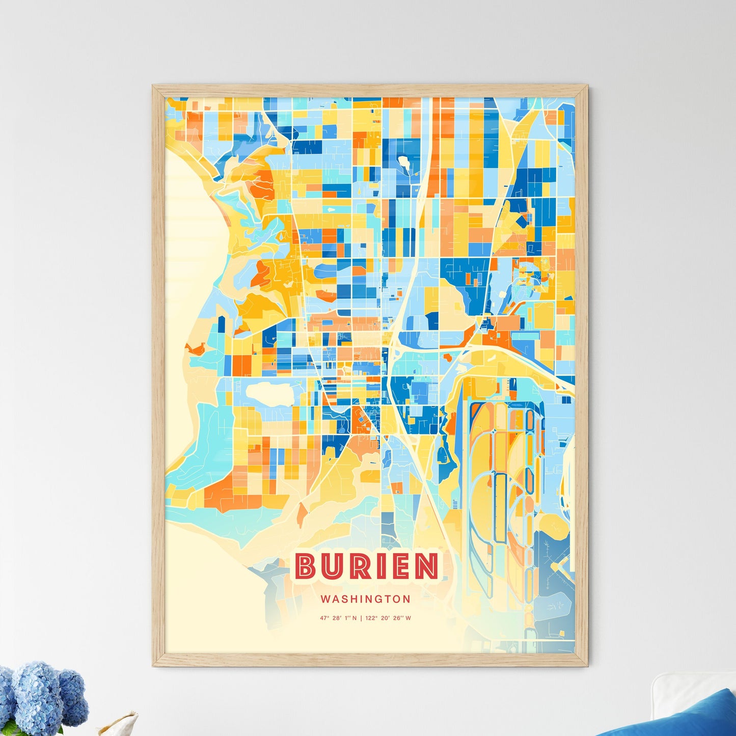 Colorful BURIEN WASHINGTON Fine Art Map Blue Orange