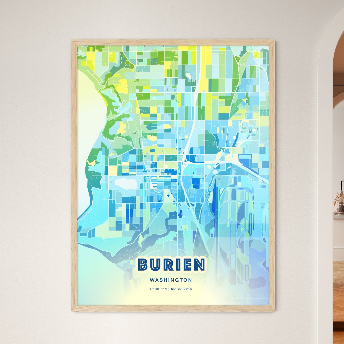 Colorful BURIEN WASHINGTON Fine Art Map Cool Blue