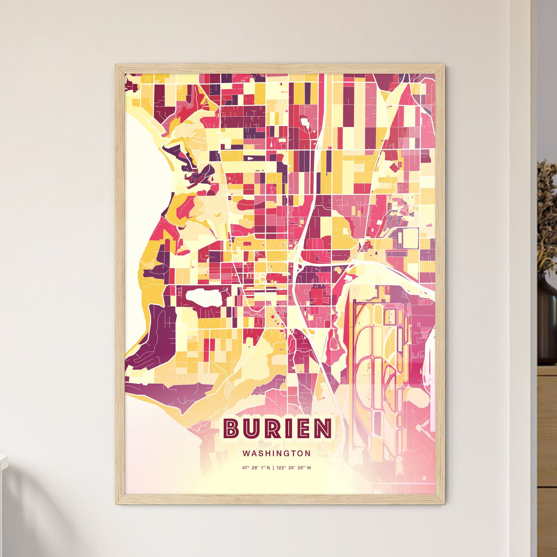 Colorful BURIEN WASHINGTON Fine Art Map Hot Red