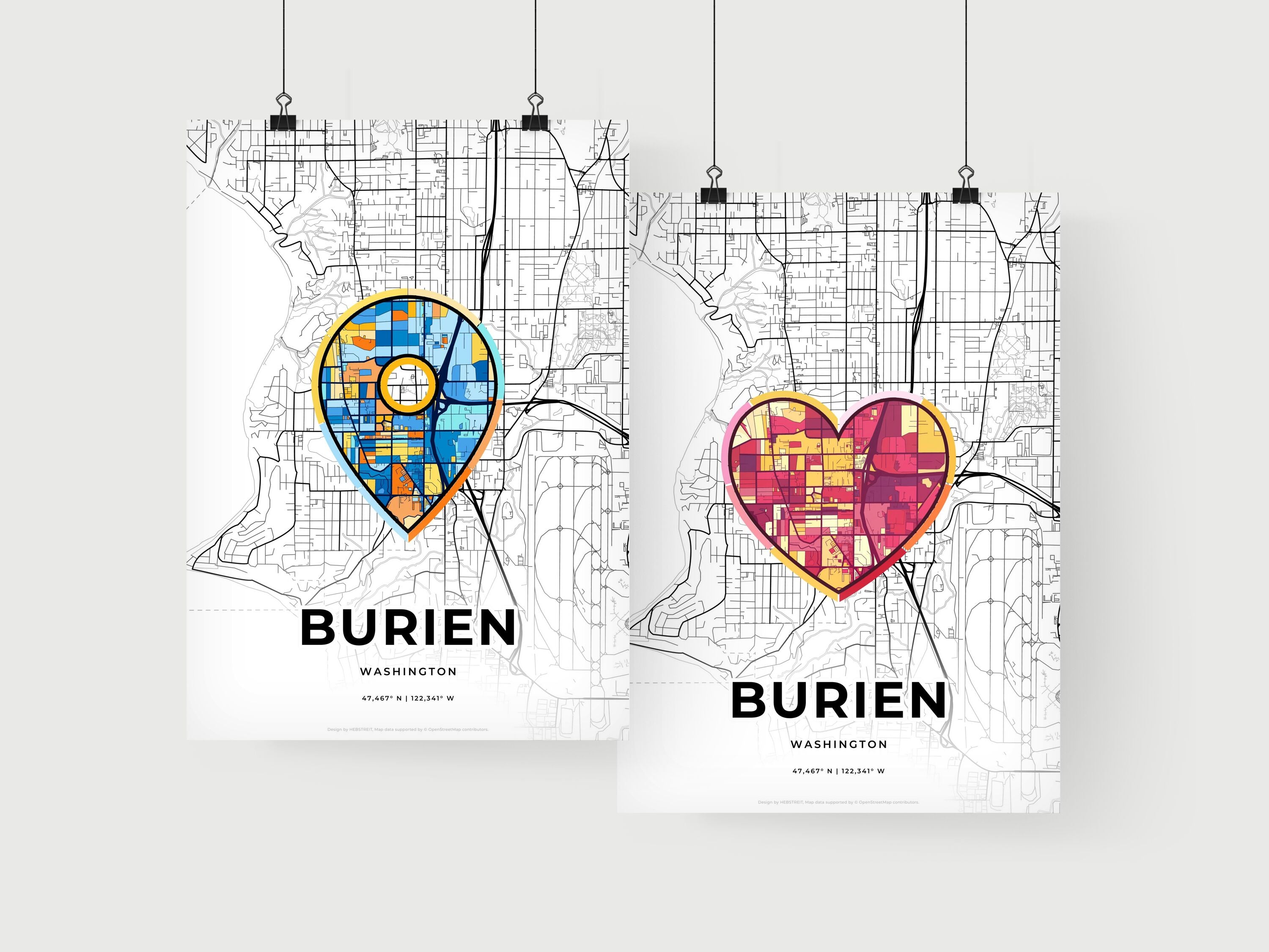 BURIEN UNITED STATES minimal art map with a colorful icon. Creative ...