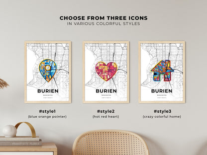 BURIEN WASHINGTON minimal art map with a colorful icon. Where it all began, Couple map gift.