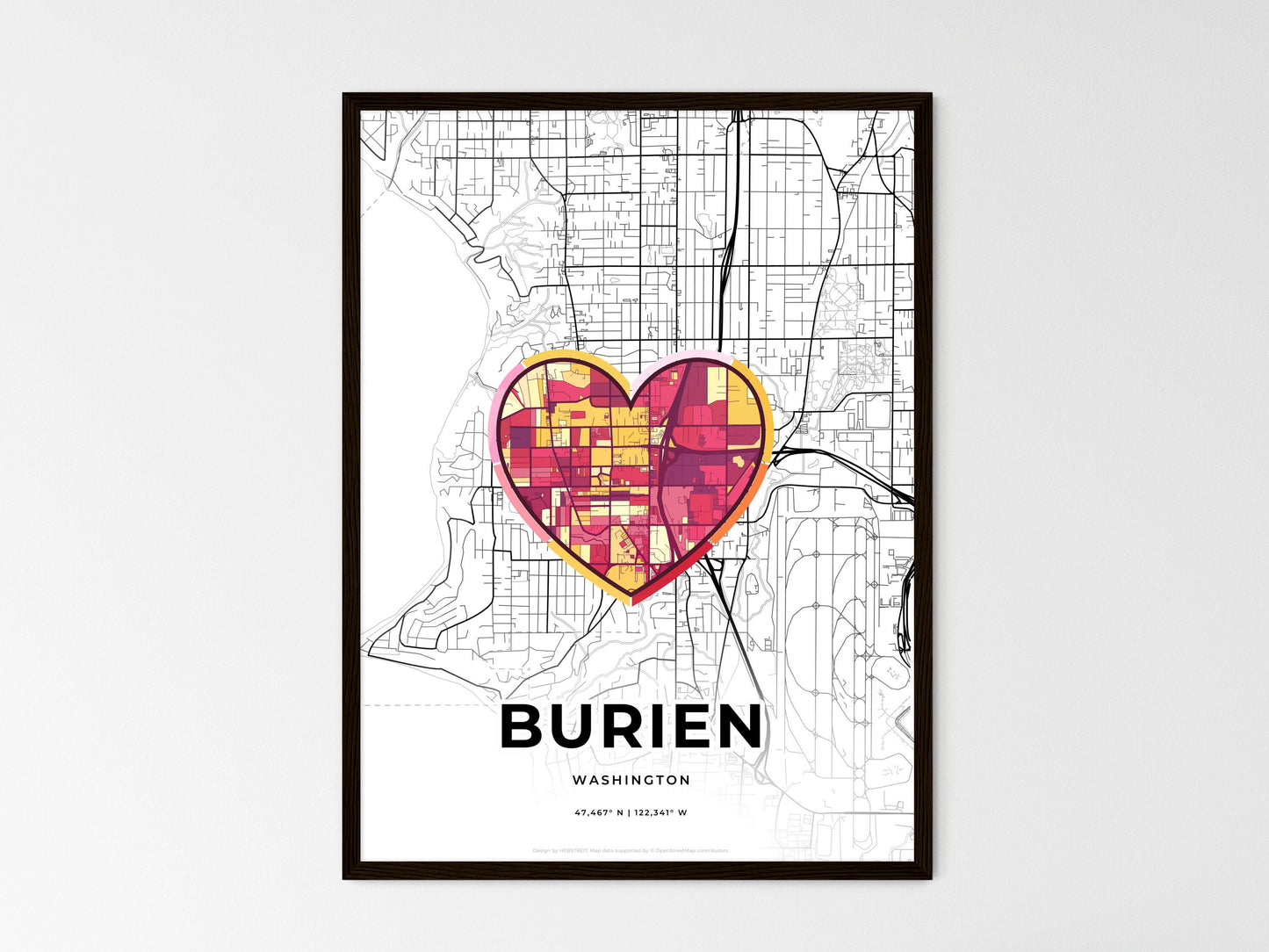BURIEN WASHINGTON minimal art map with a colorful icon. Where it all began, Couple map gift. Style 2