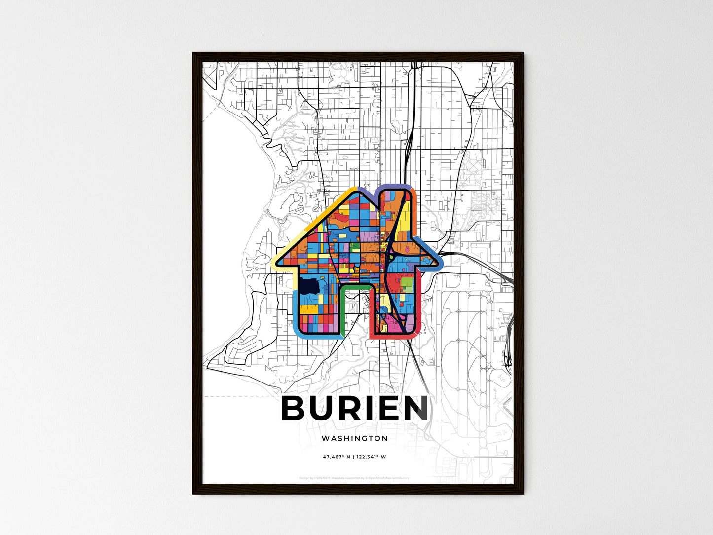 BURIEN WASHINGTON minimal art map with a colorful icon. Where it all began, Couple map gift. Style 3