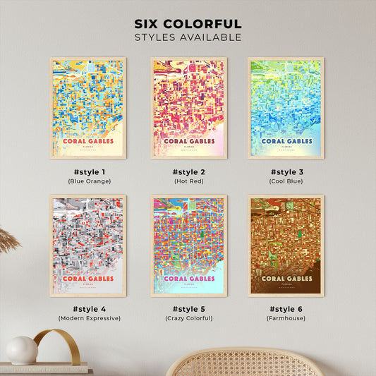 Colorful CORAL GABLES FLORIDA Fine Art Map Blue Orange