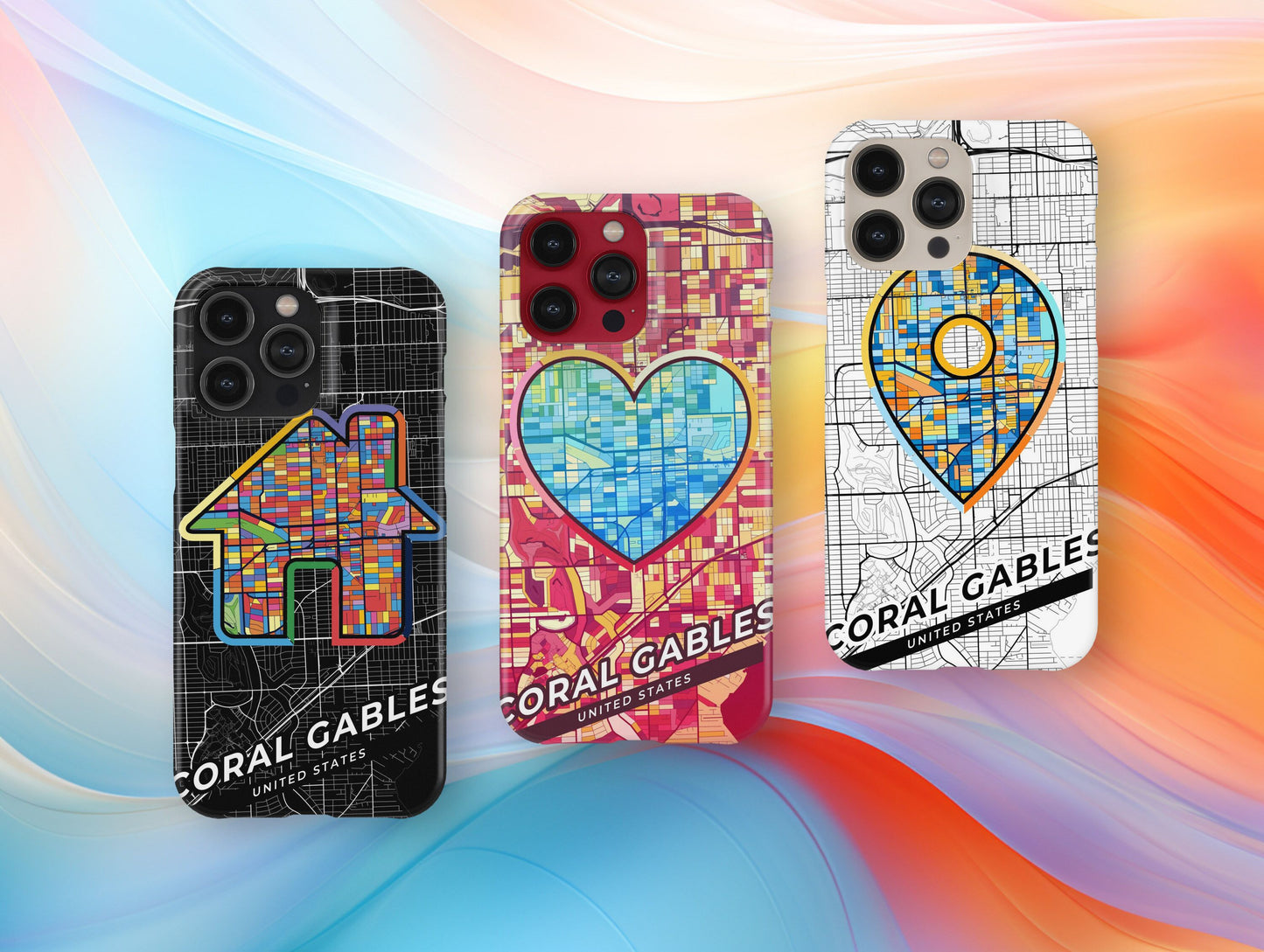 Coral Gables Florida slim phone case with colorful icon. Birthday, wedding or housewarming gift. Couple match cases.