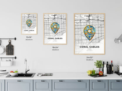 CORAL GABLES FLORIDA minimal art map with a colorful icon. Where it all began, Couple map gift.