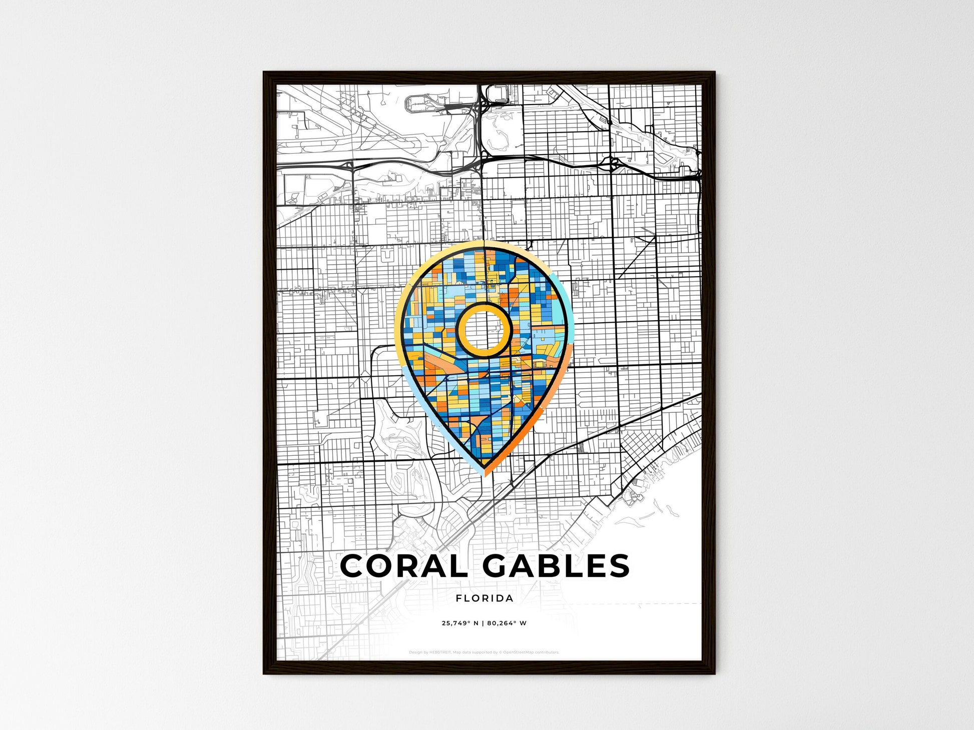 CORAL GABLES FLORIDA minimal art map with a colorful icon. Where it all began, Couple map gift. Style 1