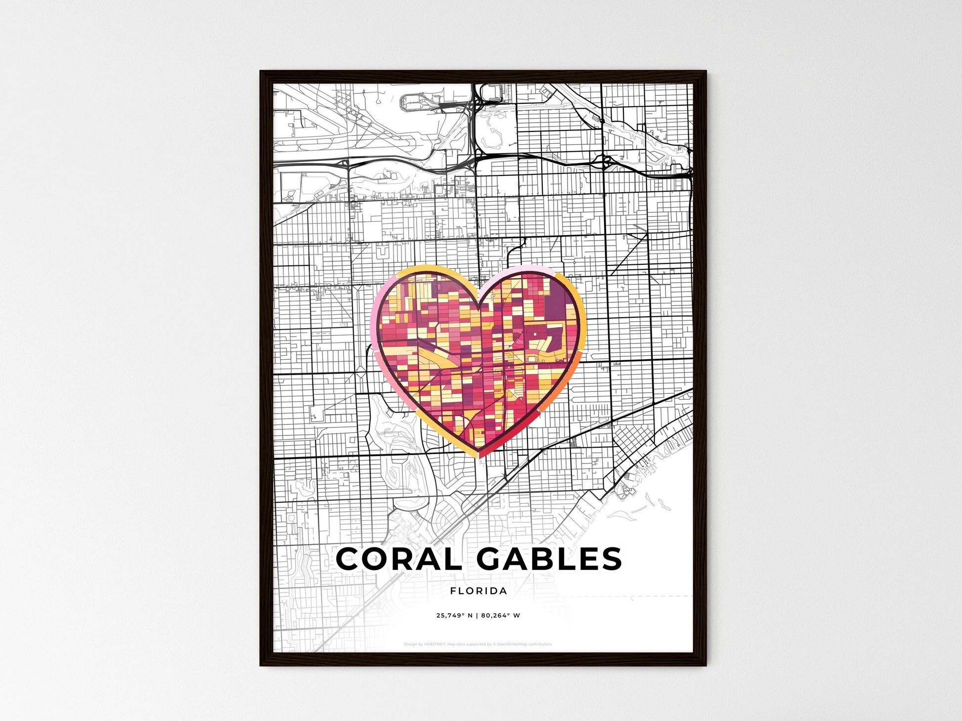 CORAL GABLES FLORIDA minimal art map with a colorful icon. Where it all began, Couple map gift. Style 2