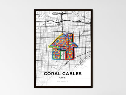 CORAL GABLES FLORIDA minimal art map with a colorful icon. Where it all began, Couple map gift. Style 3