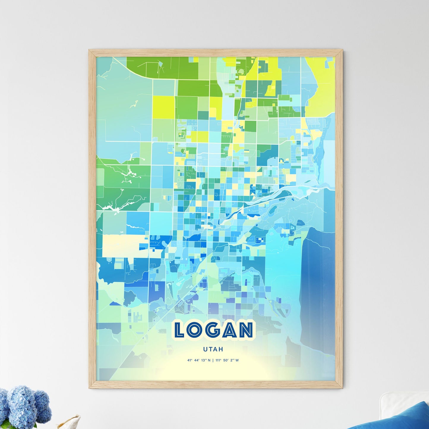 Colorful LOGAN UTAH Fine Art Map Cool Blue