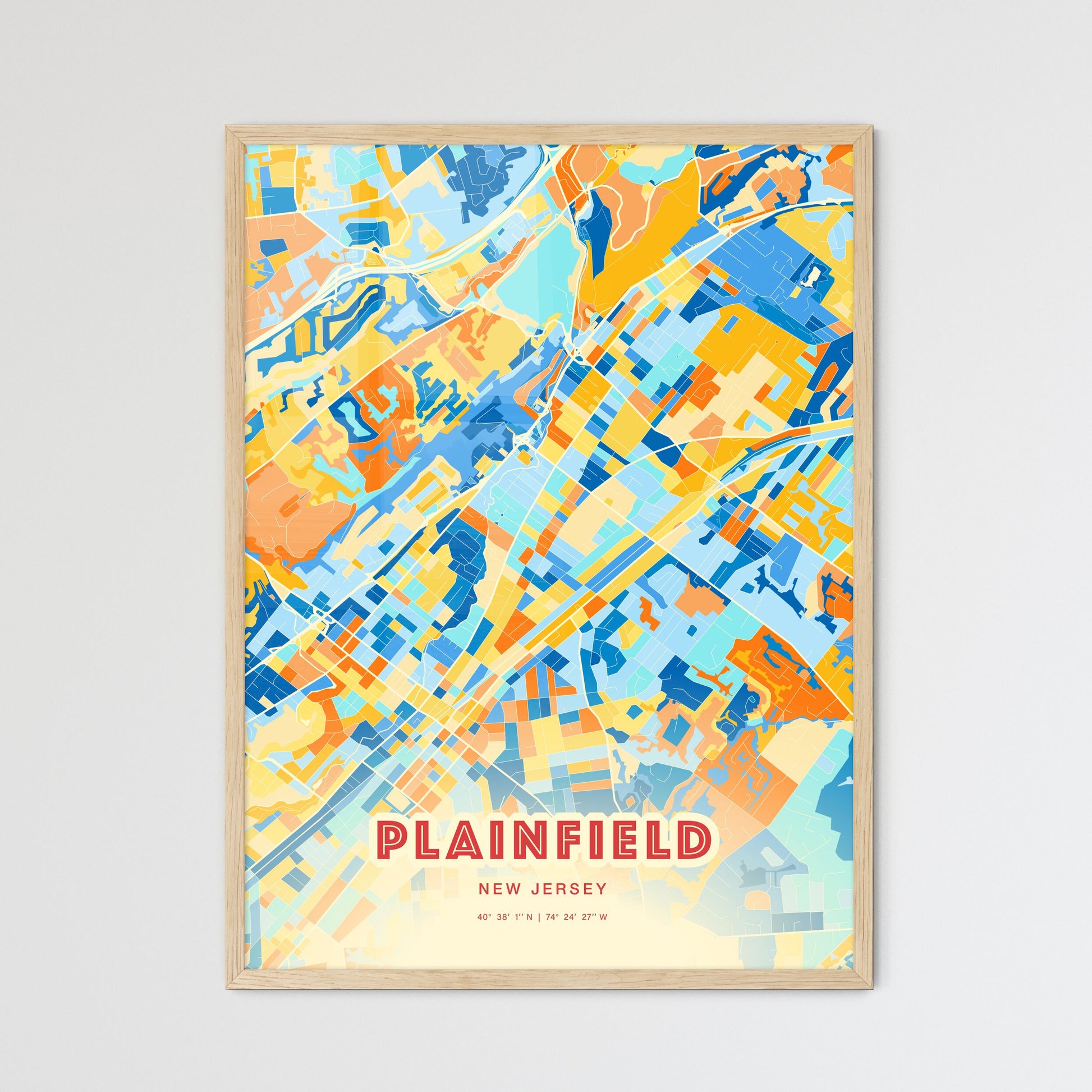 Colorful PLAINFIELD NEW JERSEY Fine Art Map Blue Orange