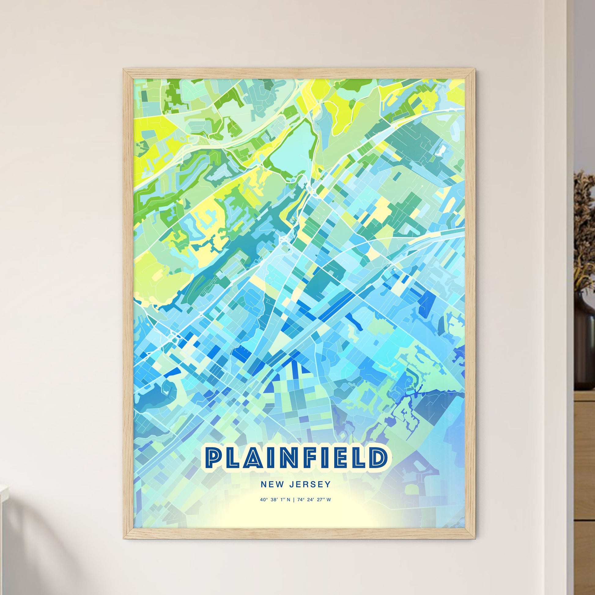 Colorful PLAINFIELD NEW JERSEY Fine Art Map Cool Blue