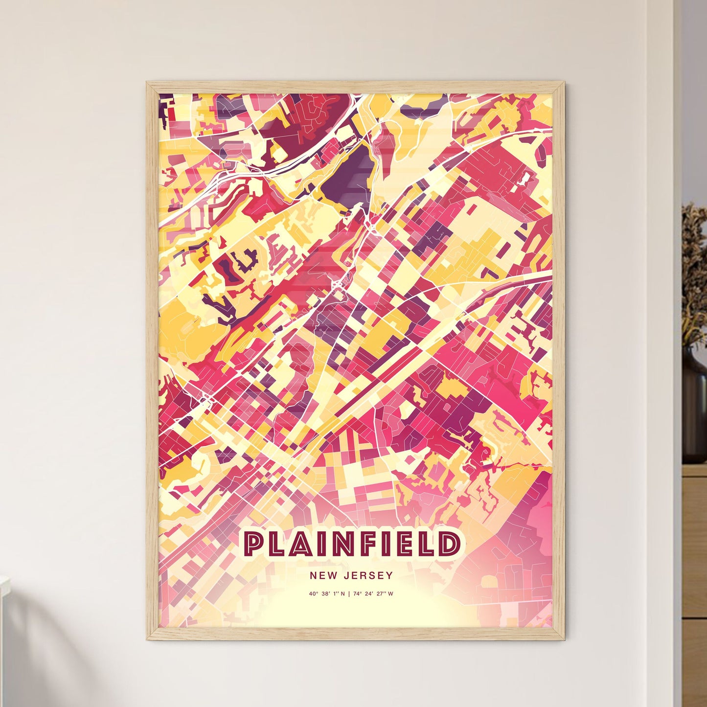 Colorful PLAINFIELD NEW JERSEY Fine Art Map Hot Red