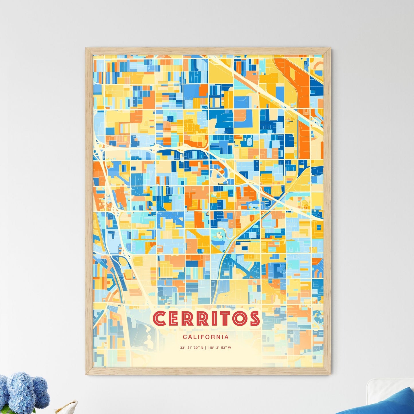 Colorful CERRITOS CALIFORNIA Fine Art Map Blue Orange