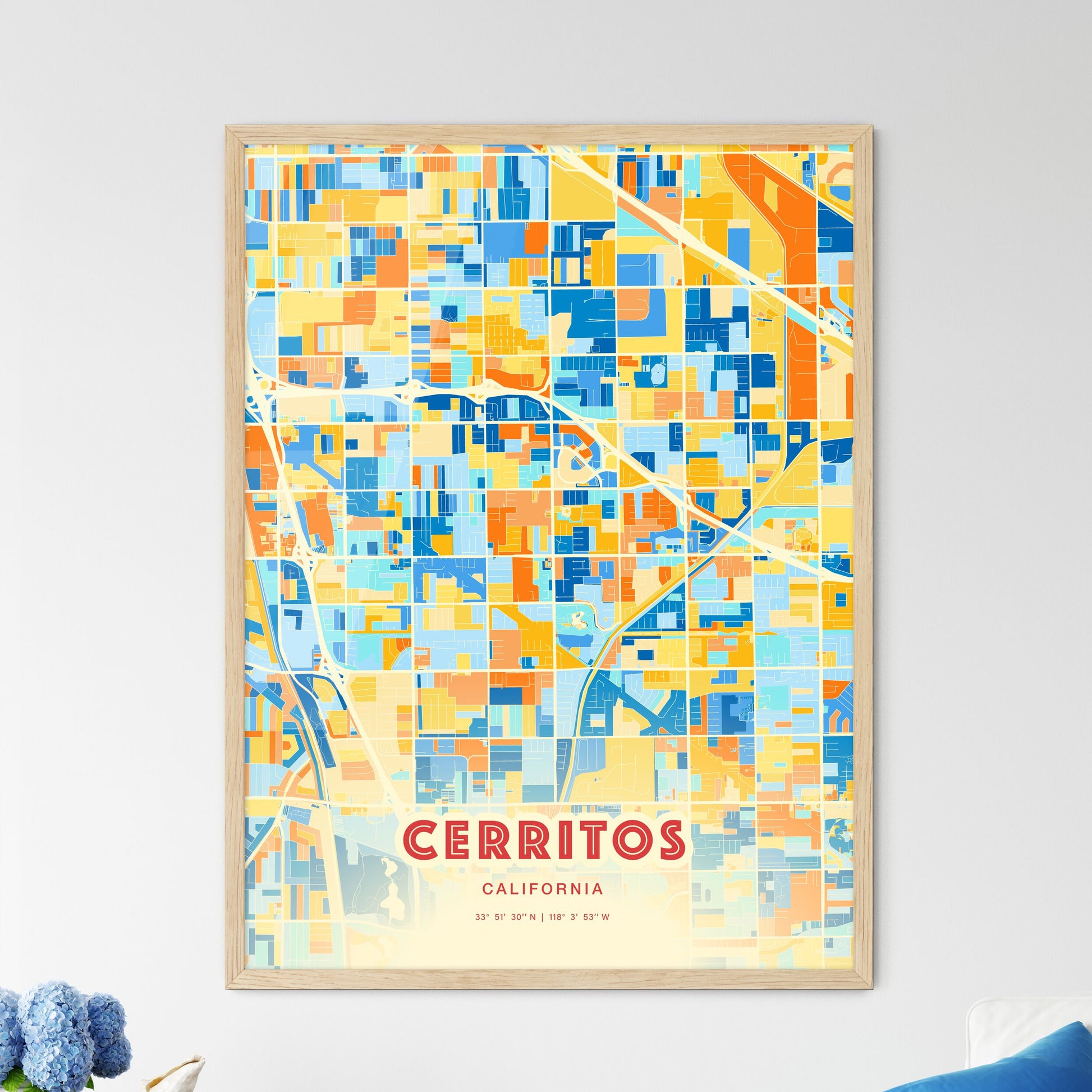 Colorful CERRITOS CALIFORNIA Fine Art Map Blue Orange