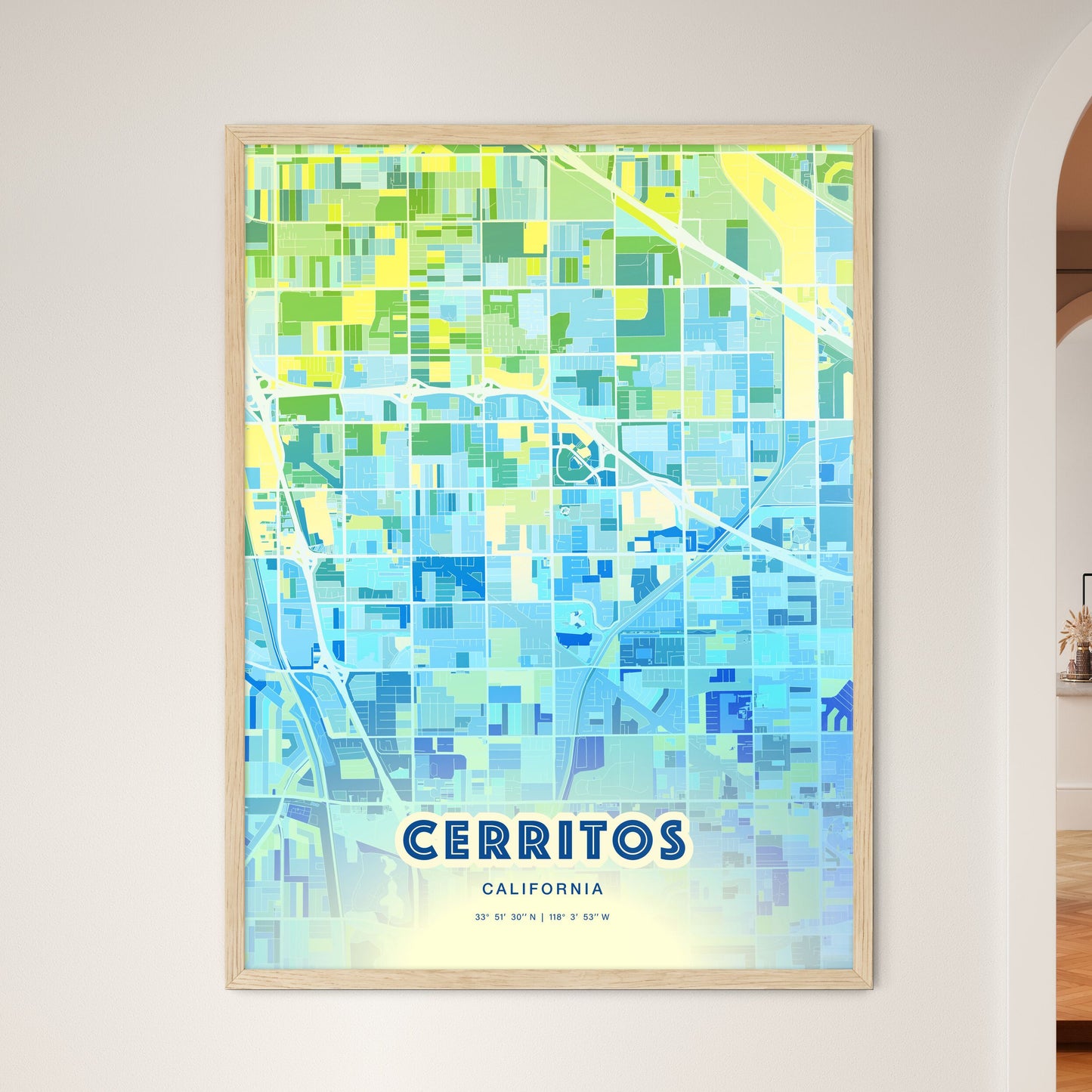 Colorful CERRITOS CALIFORNIA Fine Art Map Cool Blue