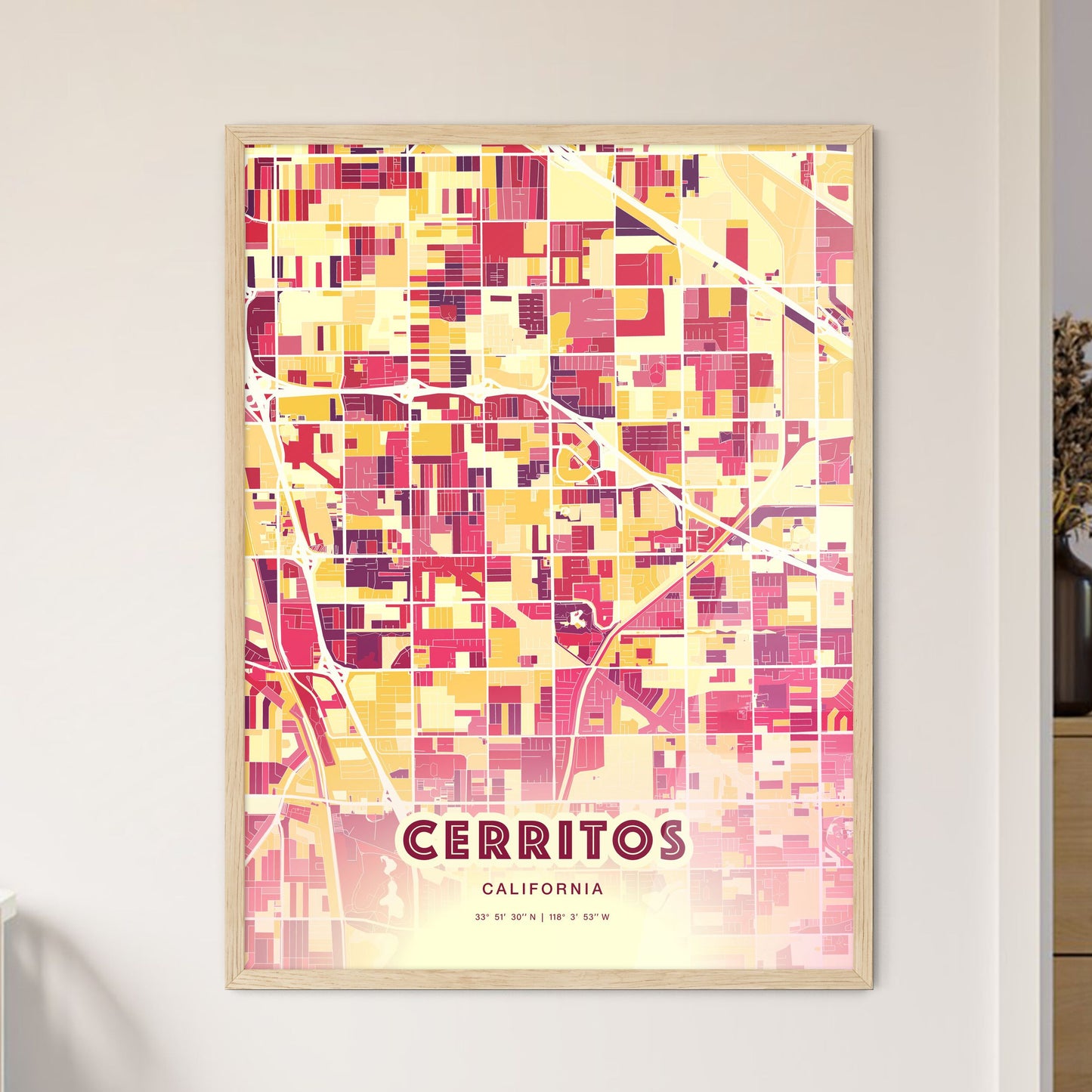 Colorful CERRITOS CALIFORNIA Fine Art Map Hot Red