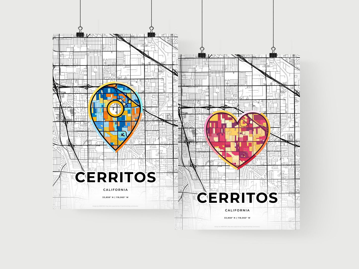 CERRITOS CALIFORNIA minimal art map with a colorful icon. Where it all began, Couple map gift.