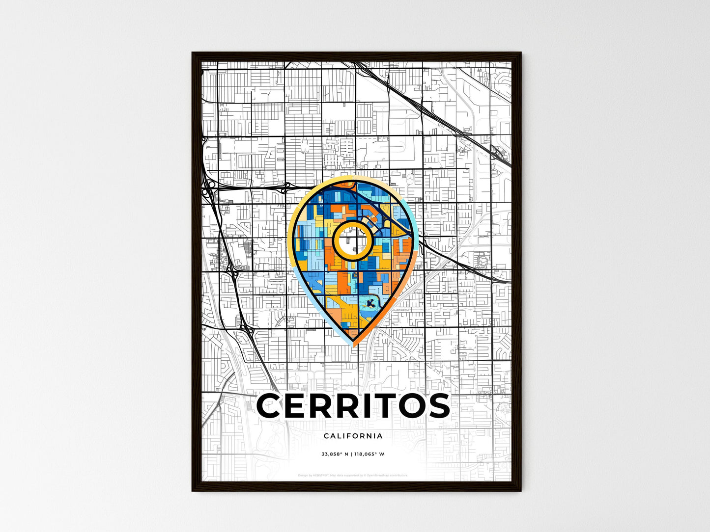 CERRITOS CALIFORNIA minimal art map with a colorful icon. Where it all began, Couple map gift. Style 1