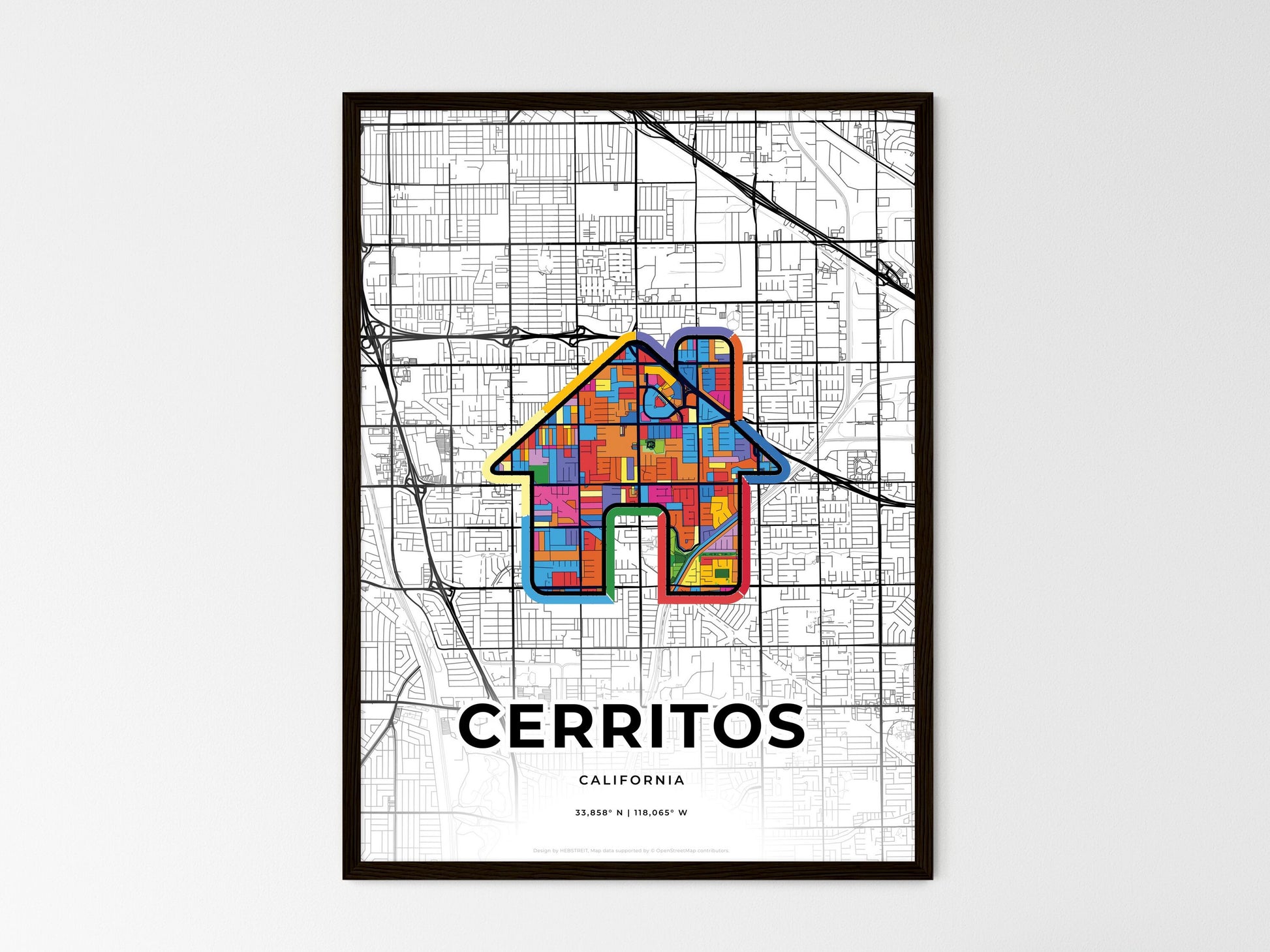 CERRITOS CALIFORNIA minimal art map with a colorful icon. Where it all began, Couple map gift. Style 3