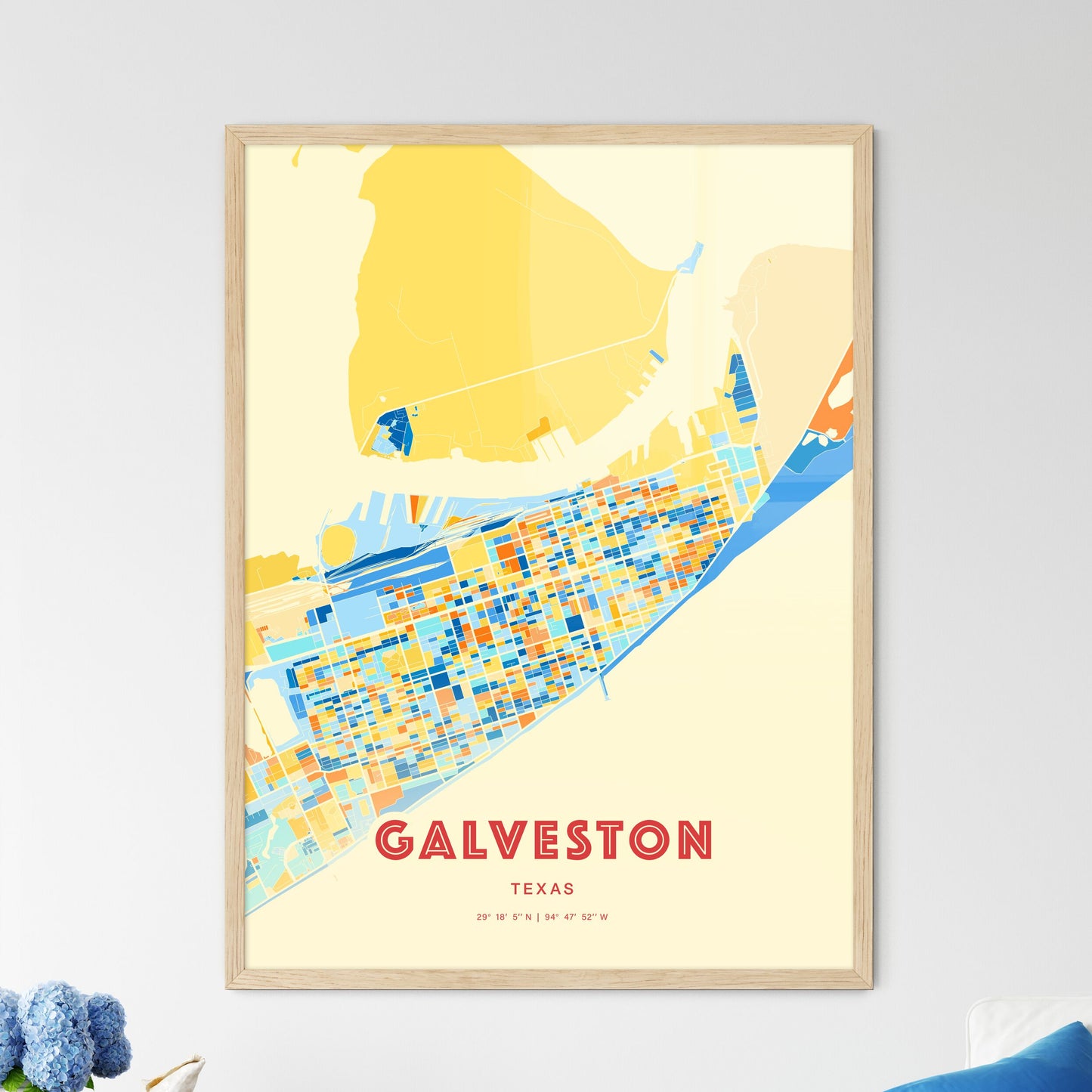 Colorful GALVESTON TEXAS Fine Art Map Blue Orange