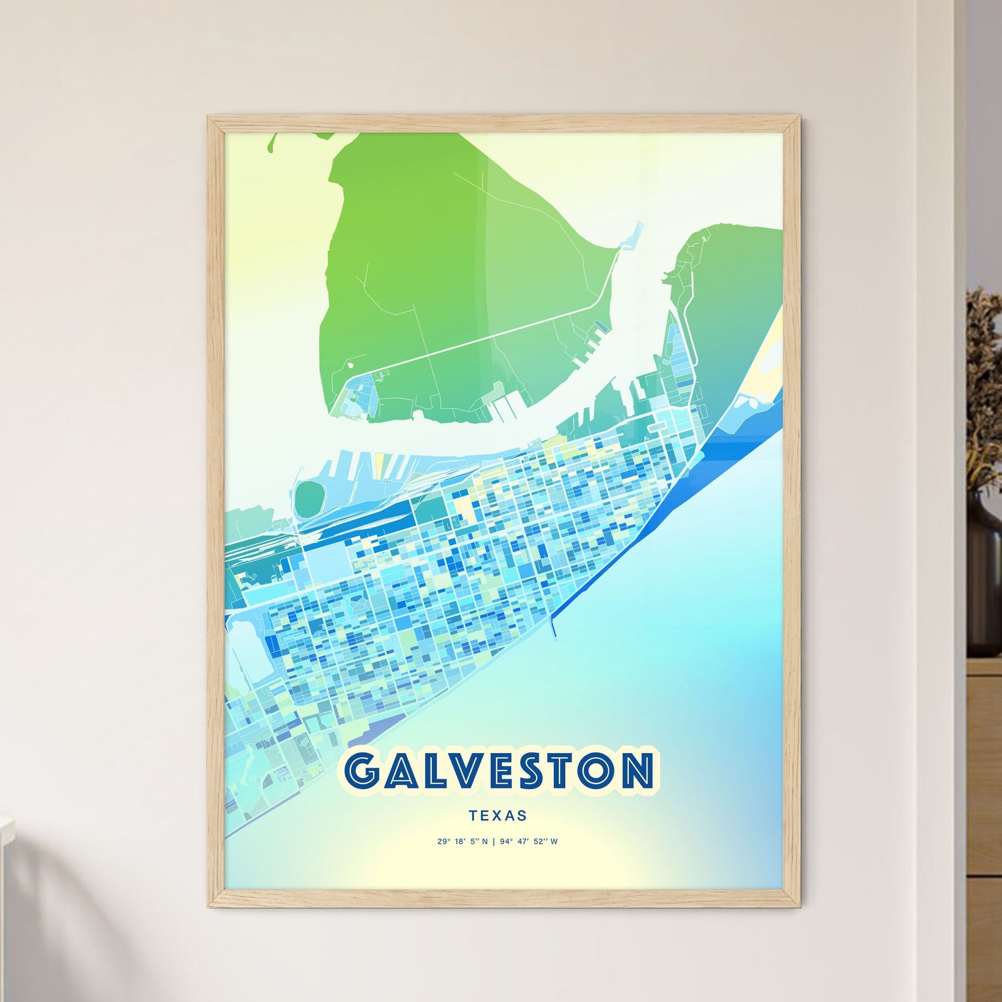 Colorful GALVESTON TEXAS Fine Art Map Cool Blue