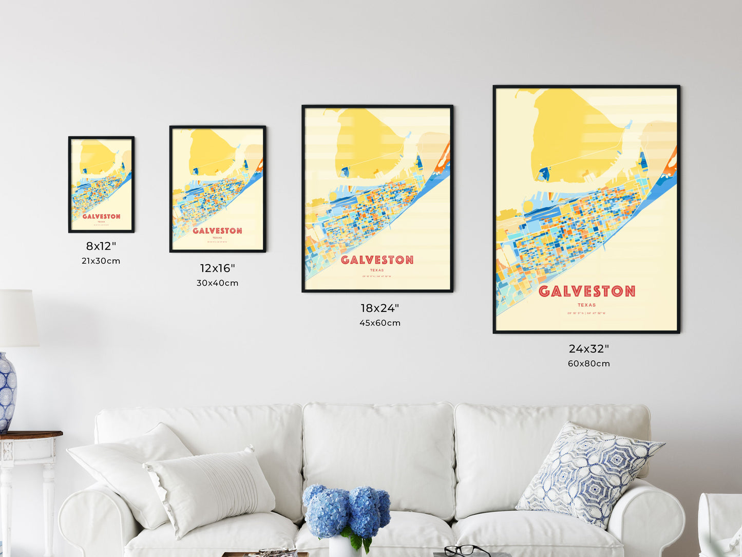 Colorful GALVESTON TEXAS Fine Art Map Blue Orange