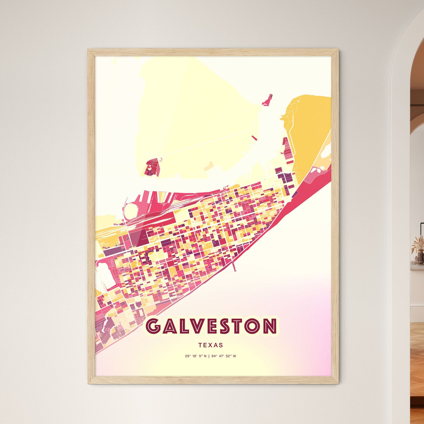 Colorful GALVESTON TEXAS Fine Art Map Hot Red