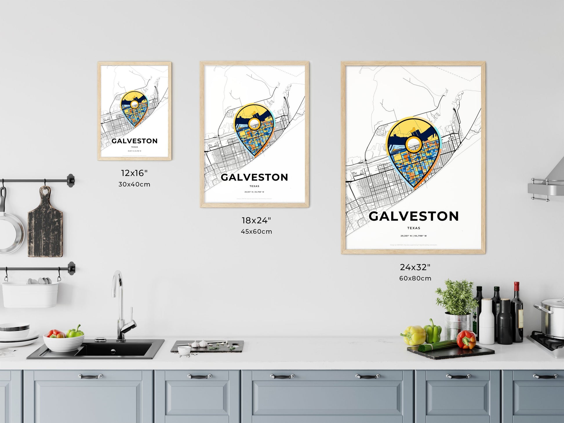 GALVESTON TEXAS minimal art map with a colorful icon. Where it all began, Couple map gift.