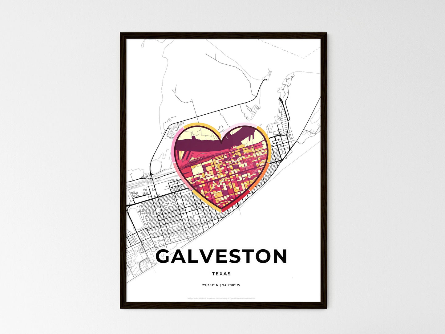 GALVESTON TEXAS minimal art map with a colorful icon. Where it all began, Couple map gift. Style 2