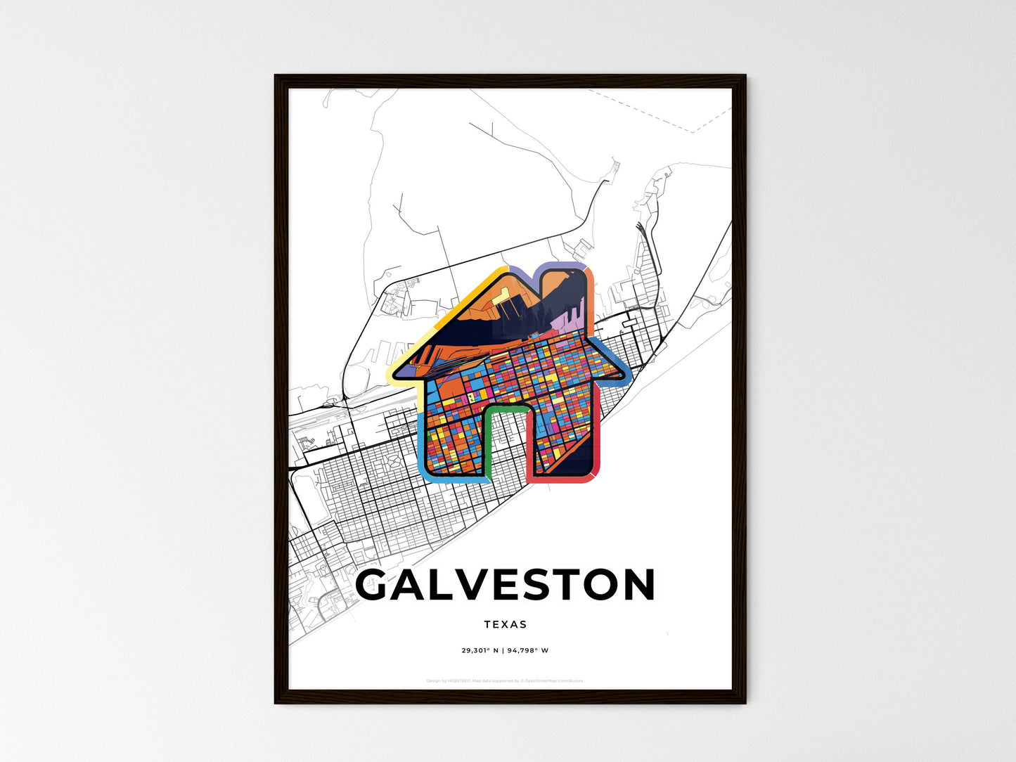GALVESTON TEXAS minimal art map with a colorful icon. Where it all began, Couple map gift. Style 3