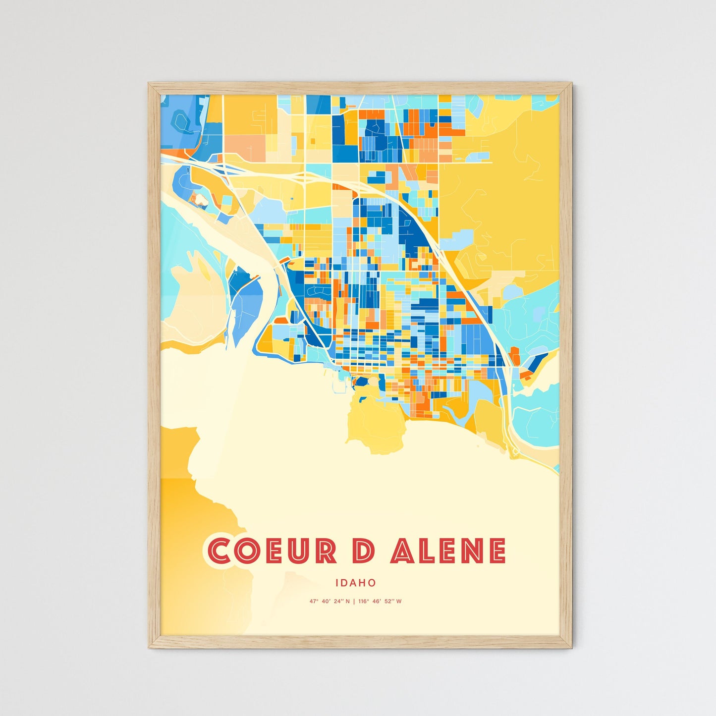 Colorful COEUR D ALENE IDAHO Fine Art Map Blue Orange