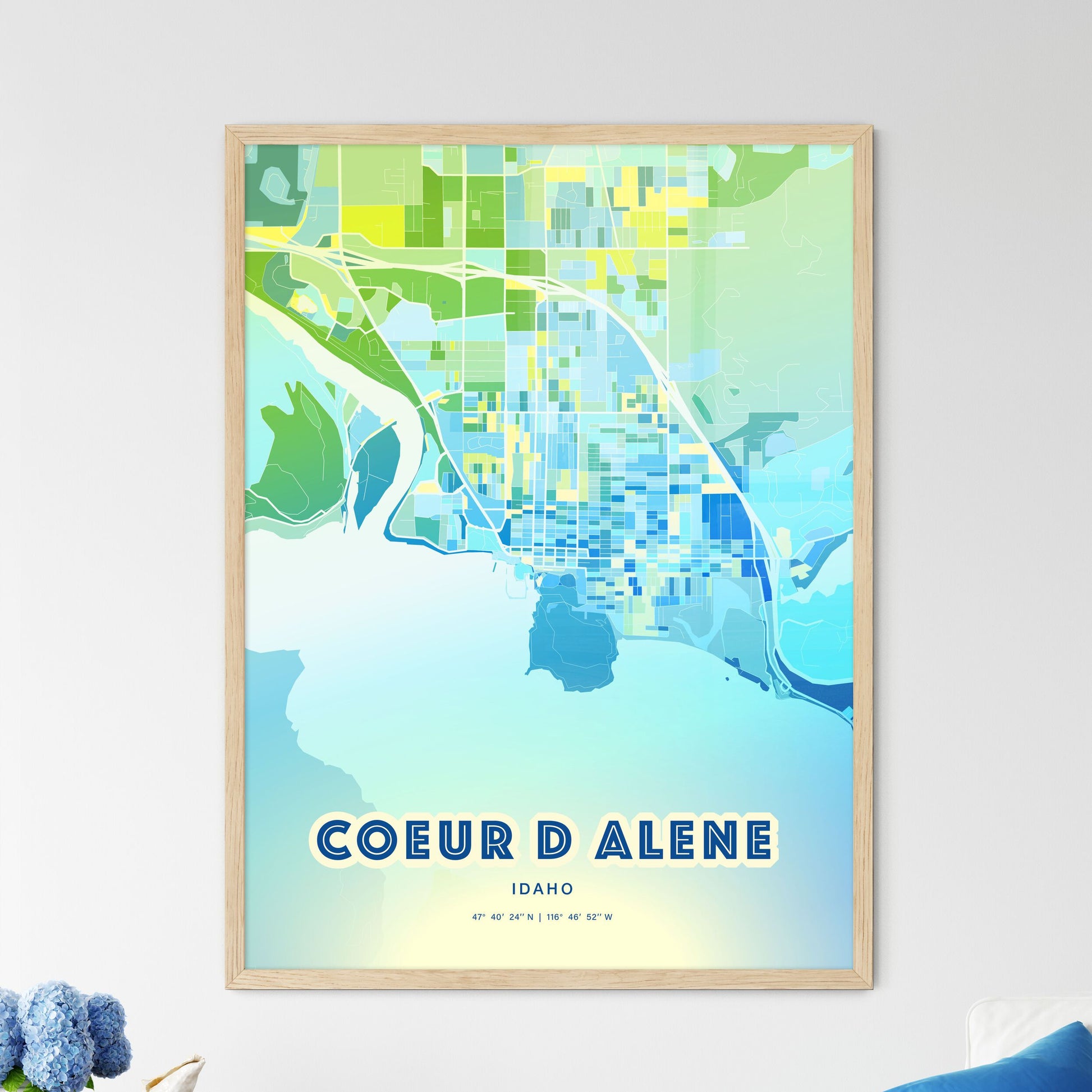 Colorful COEUR D ALENE IDAHO Fine Art Map Cool Blue