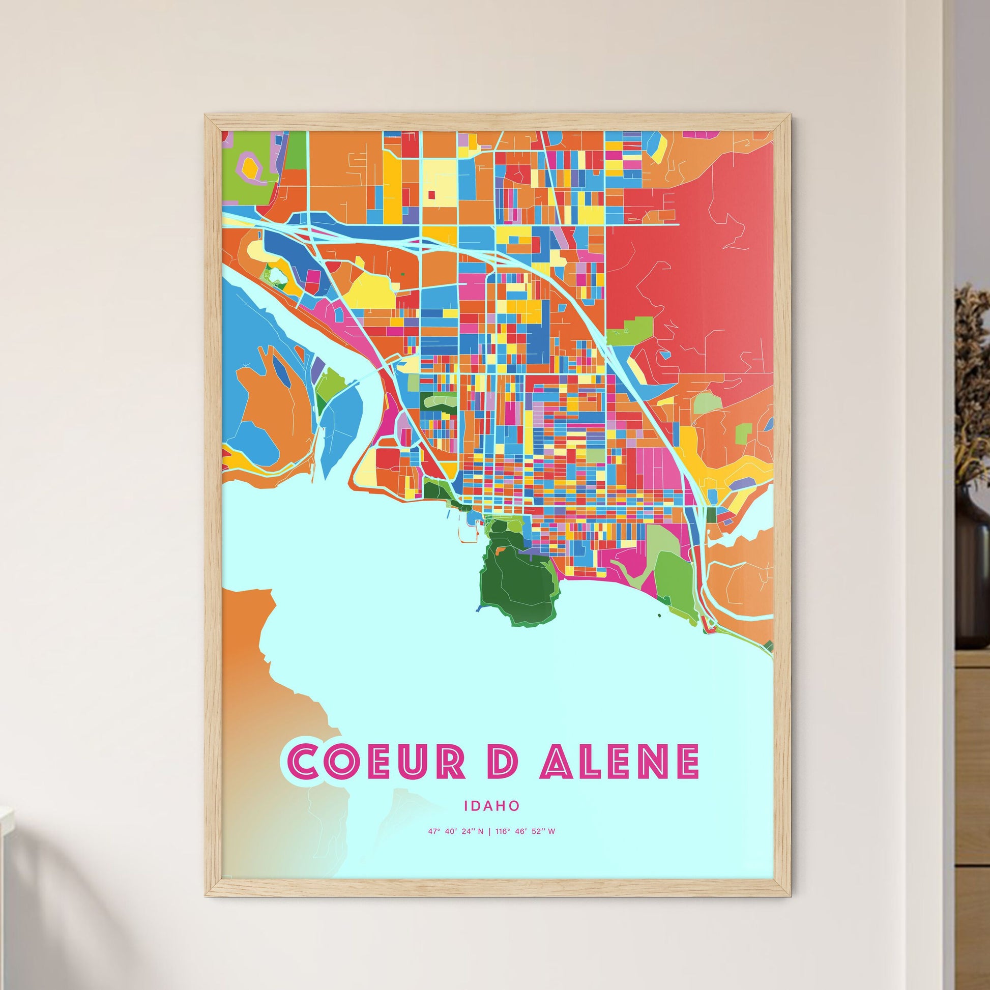 Colorful COEUR D ALENE IDAHO Fine Art Map Crazy Colors