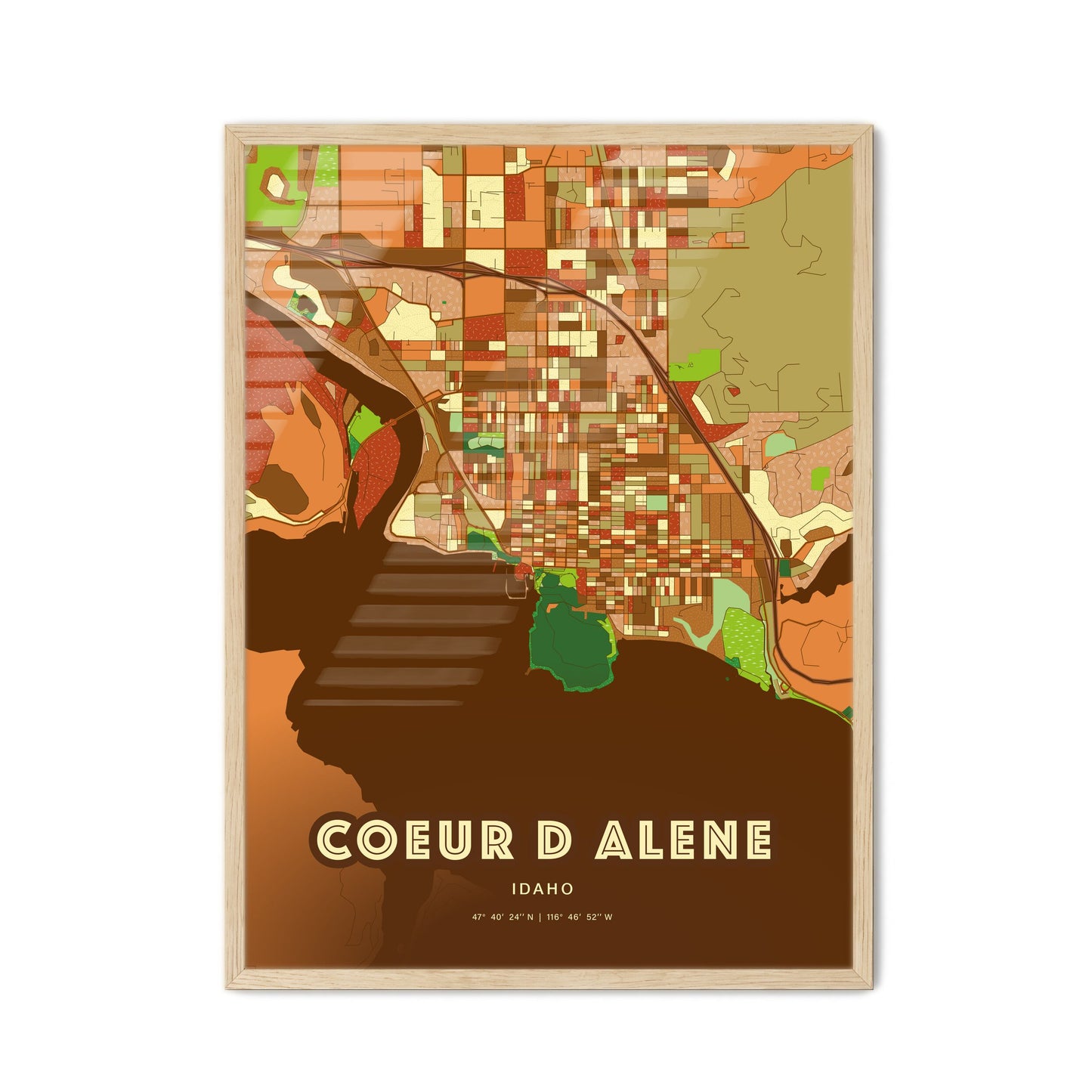 Colorful COEUR D ALENE IDAHO Fine Art Map Farmhouse