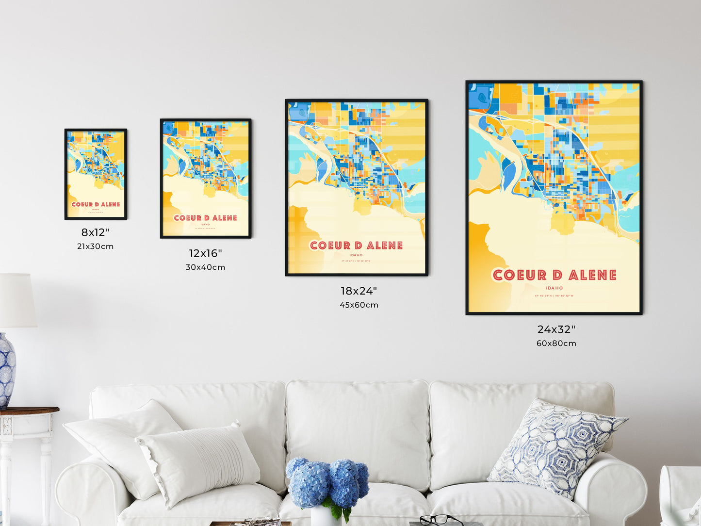 Colorful COEUR D ALENE IDAHO Fine Art Map Blue Orange