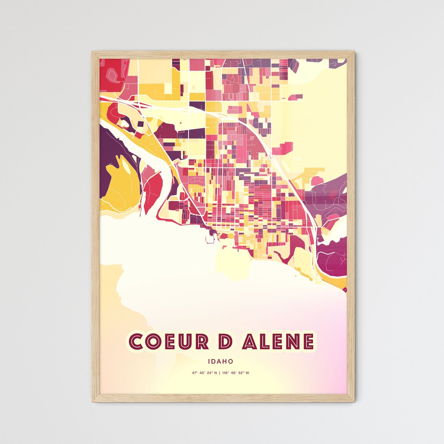 Colorful COEUR D ALENE IDAHO Fine Art Map Hot Red